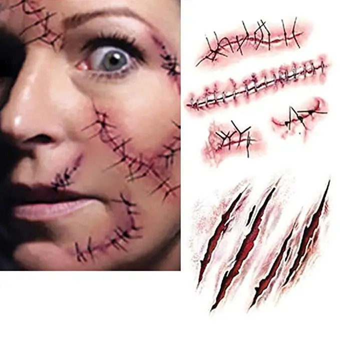 

10pcs/pack Zombie Scars Tattoos Waterproof Fake Scab Bloody Makeup Halloween Decoration Wound Scary Blood Injury Sticker