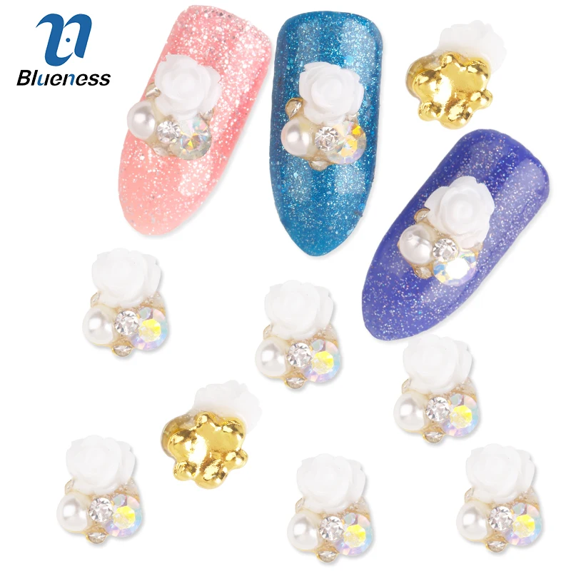 

Blueness 10Pcs/Pack White Roses Flower With Pearl Nail Tools Rhinestones For Nails Alloy Glitters DIY 3D Nail Art Decorations