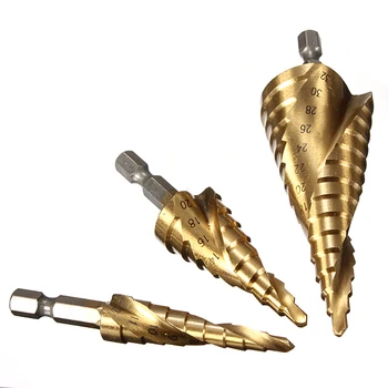 

Hakkin 3Pcs HSS Spiral Flute Step Drill Bit Set Core Drill Cone Drilling Bit Hole Cutter Cutting 1/4" Hex Shank Step Bit Drill