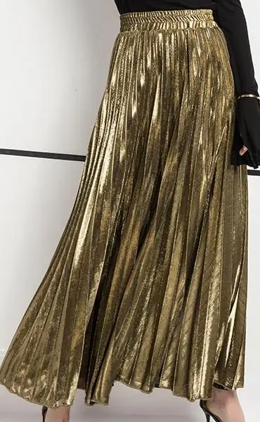 Весна новое поступление Высокая талия плиссе в гармошку юбка корейский стиль винтажная Юбка Faldas Largas Elegantes - Цвет: Золотой