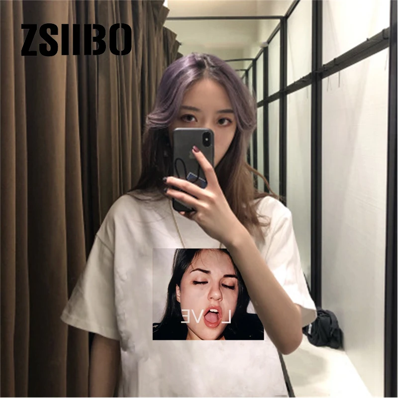 

Short-sleeved LOVE elastic round neck simple cute girl solid color black and white printing women's shirt summer high quality