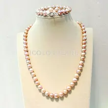 WEI цвет хороший 8-9 мм Nearround розовый натуральный пресноводный жемчуг наборы(ожерелье, браслеты и серьги). Специальный цвет для вашей любви