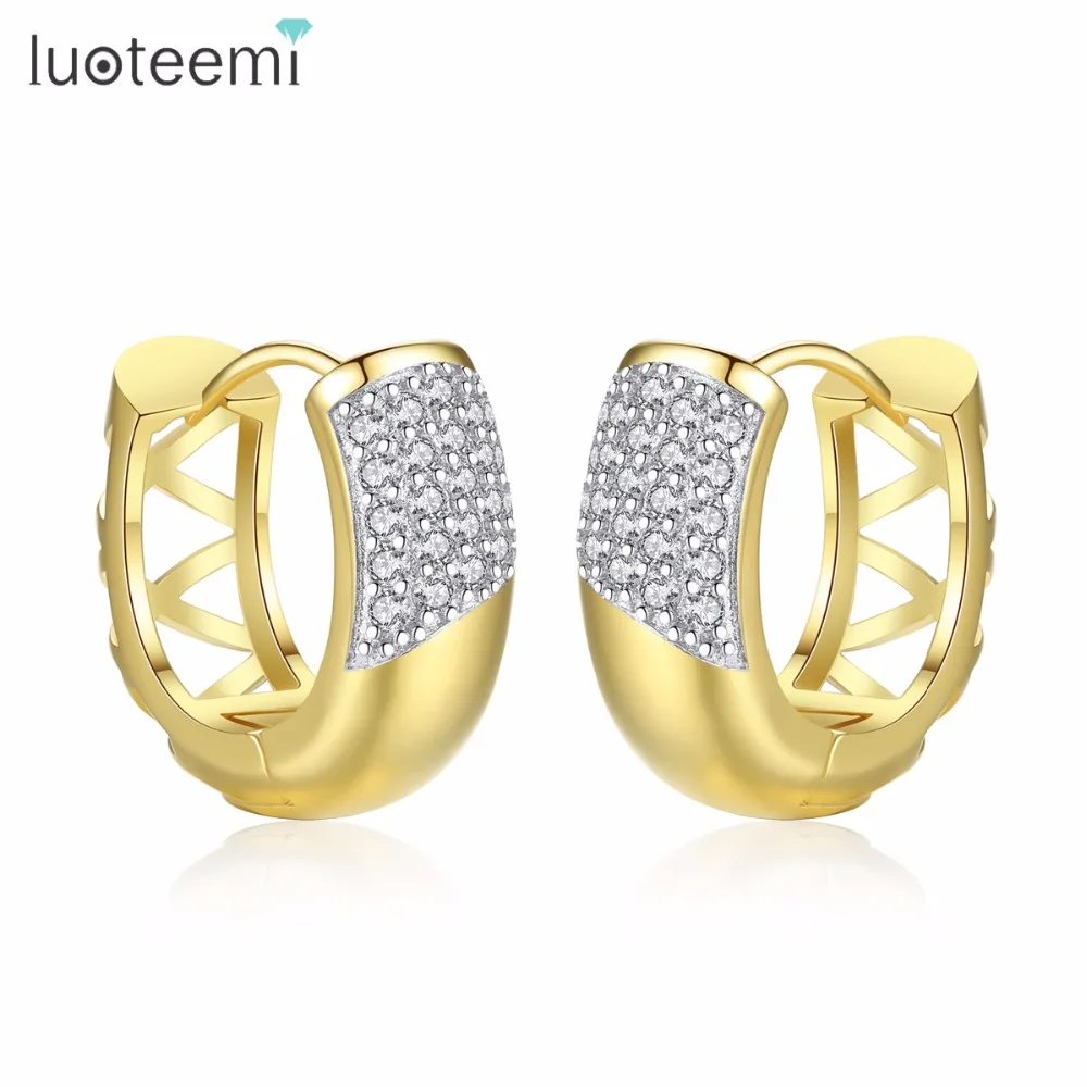 

LUOTEEMI Micro Setting Cubic Zirconia Hoop Circle Earring Round Shape Hollow For Party Women Gold Color Brincos Bijoux Jewelry