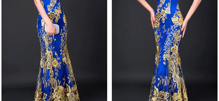Синий рыбий хвост кружево Cheongsam золото нитки вышивка блёстки длинное Ципао китайское платье традиционный халат Chinoise Abendkleider YYQP