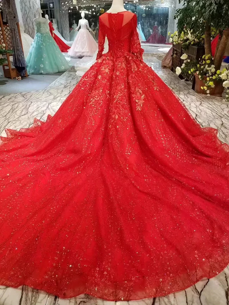 LSS268 бальное платье Красный гофрированные Свадебные платья кисточкой О образным вырезом с длинным рукавом мусульманское свадебное длинным