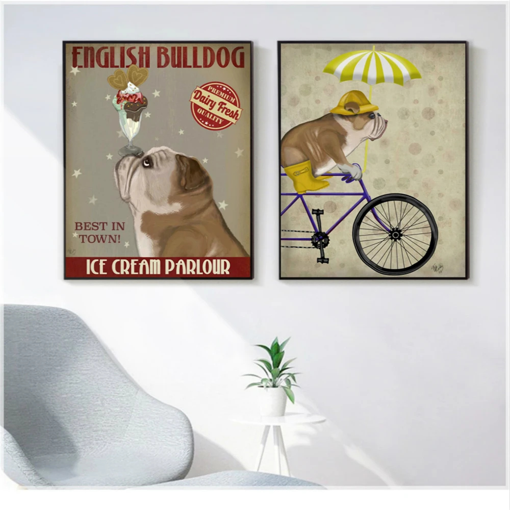 Английский бульдог мороженое Рисунок собаки холст картины для гостиной собаки велосипед стены искусства ретро-плакаты и принты квадраты