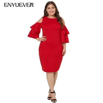 

Enyuever Plus Size Red Pencil Dress Women Clothing Cold Shoulder Flounce Half Sleeve Vestidos Elegant Office Formal Dress Party