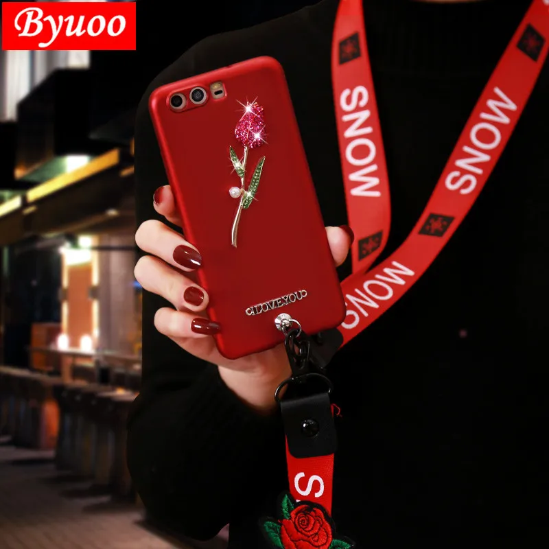 

For Huawei P20 P30 honor 9 10 lite view 20 Nova 4 3 P smart plus 2019 case Rose strap cover Coque 8x honor 8 pro 7a 6x 7x Phone