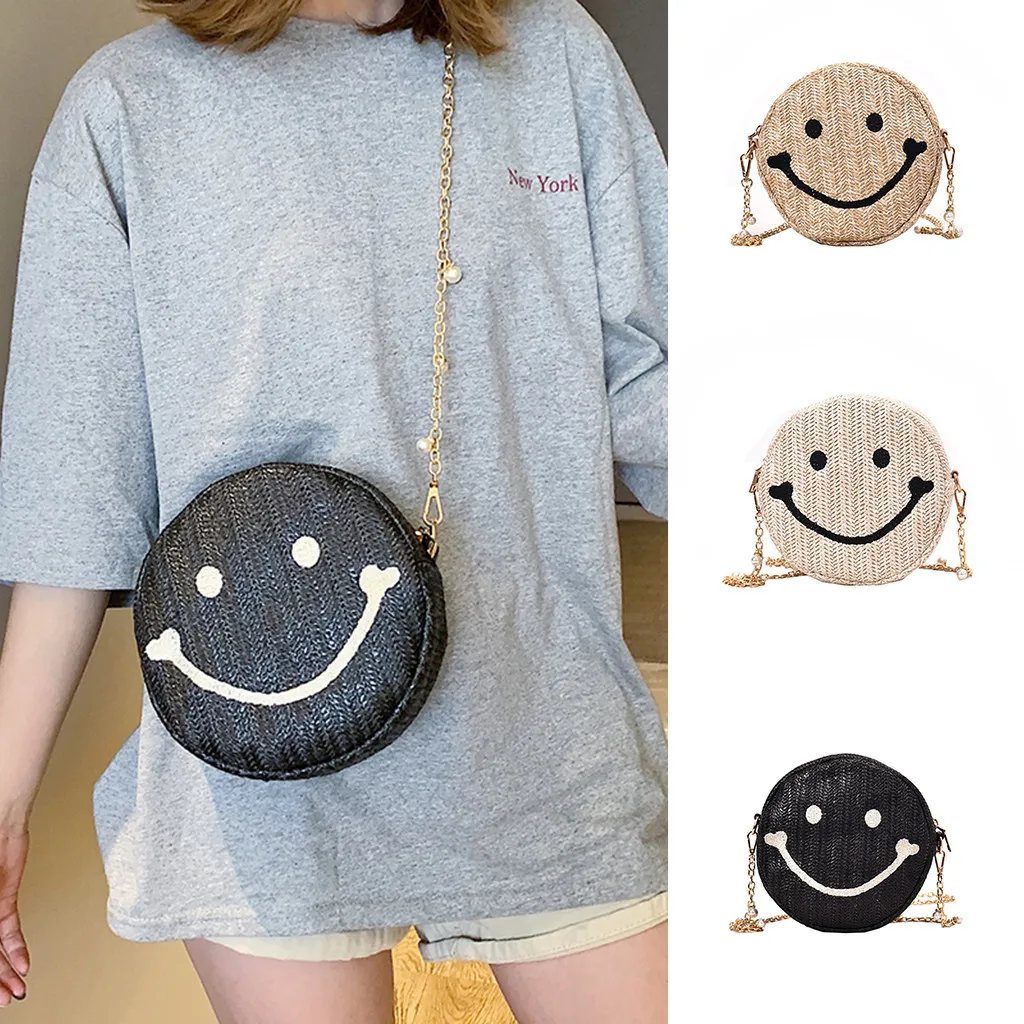 

2019 Round Straw Beach Bag Vintage smile face pattern Handmade Woven Shoulder Bag Raffia circle Rattan bags Bohemian SummerBags