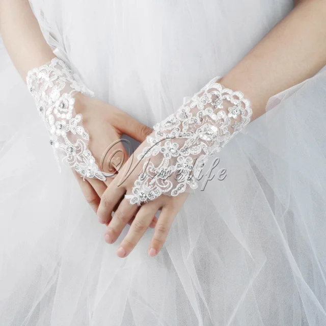 New Korean Fashion White Short Bridal Gloves Women Wedding New Korean Fashion White Short Bridal Gloves Women Wedding Famale With Rhinestone Lace Sequins