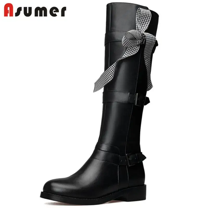 

ASUMER NEW 2020 fashion round toe knee high boots for women buckle zip genuine leather boots square low heels autumn boots