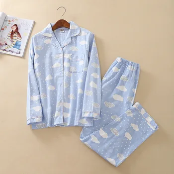 

New 2019 Women Pajamas Brushed Cotton Thick Pijama Blue Long Sleeve Elastic Waist Pants Lounge Nightwear pyjamas S88494