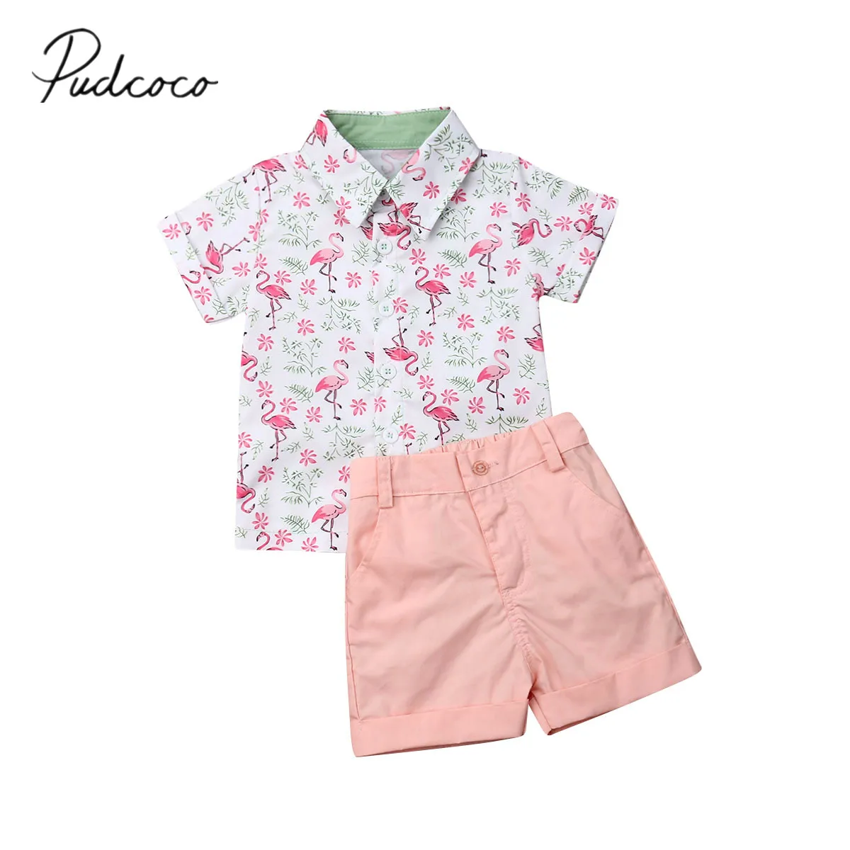 

2019 Baby Summer Clothing Toddler Kids Baby Boy Flamingo Shirt Tops+Short Bottoms Formal Party 2PCS Sets Outfit Clothes 1-5Y