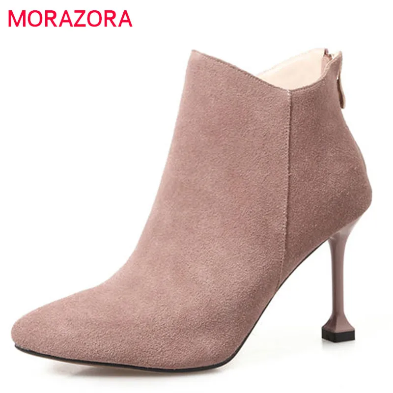 

MORAZORA 2020 high quality cow suede leather ankle boots for women pointed toe autumn winter high heels boots sexy party shoes