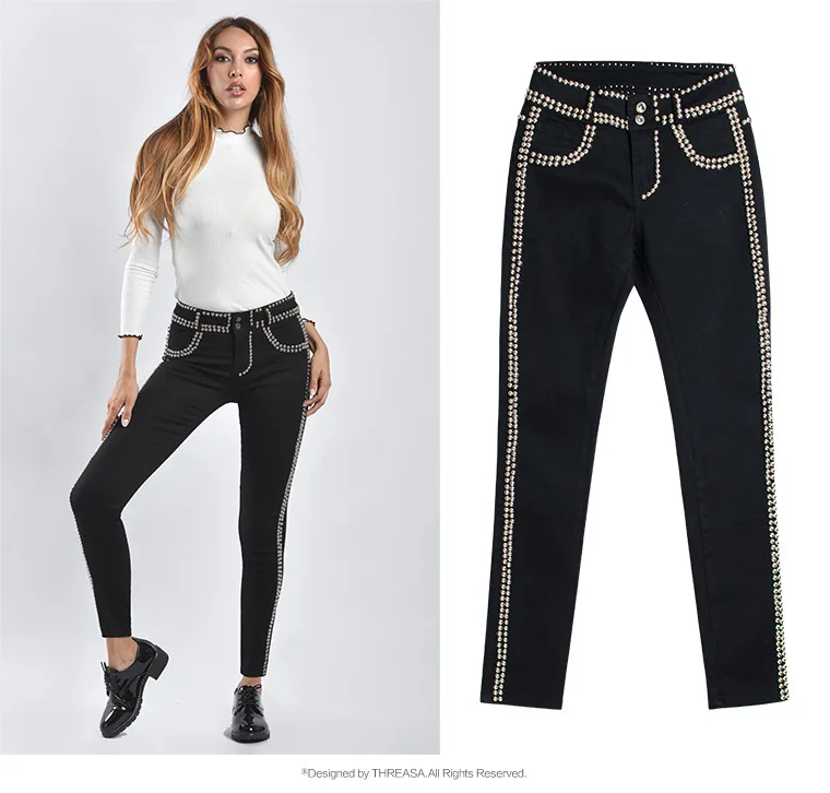 Черные джинсы с заклепками, женские обтягивающие джинсовые штаны с низкой талией, уличная одежда в европейском и американском стиле, брюки в полоску, Vinatge Vaqueros Mujer