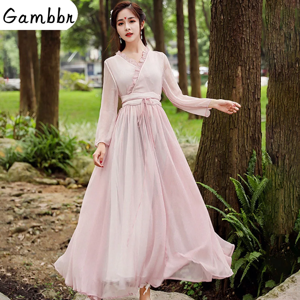  Traditional Chinese Clothing Elegant Chiffon Dress Hanfu V Neck Classical Female Adult National Han