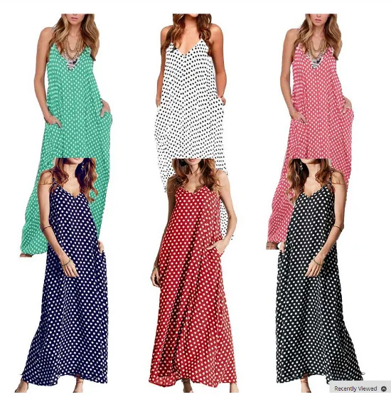 

Dress Summer Beach casual Long Dress Fashion Women V-Neck Sleeveles Pocket Polka Dots Loose Beach Sundress Maxi Dresses