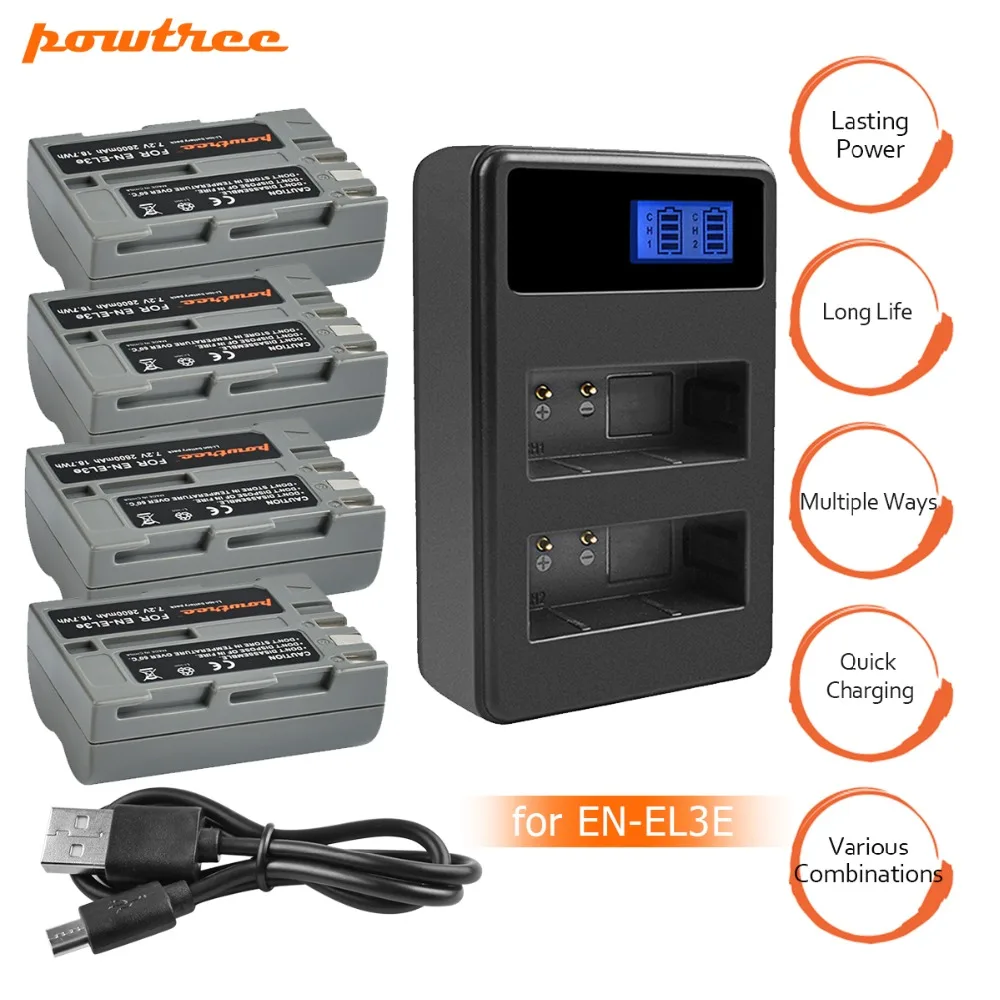 4X EN-EL3E EN EL3e ENEL3e EL3 EN EL 3E Battery+dual lcd charger For Nikon D300S D300 D100 D200 D700 D70S D70 D80s D90 D50 L15