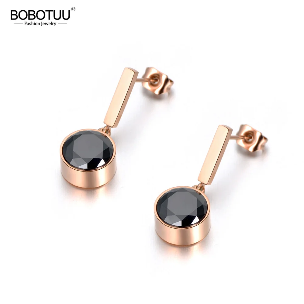BOBOTUU, модные ювелирные изделия, черный кубический цирконий, круглый кристалл, серьги-гвоздики, нержавеющая сталь, свадебные серьги для женщин BE18046