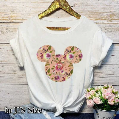 

2019 Women's Fashion New Flower Cartoon with Printed Expansion White T-shirt for Women