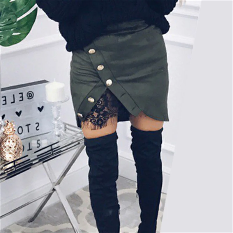 New fashion Women Ladies High Waist Pencil Skirts button lace patchwork sexy Bodycon Suede Leather split party casual Mini Skirt