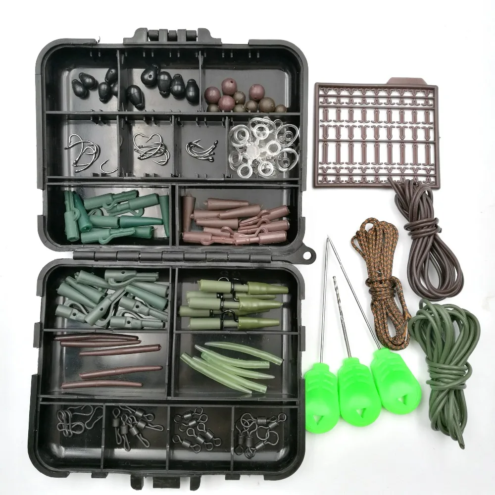 

Carp fishing Tackle box bait bend PE TEFLON hooks sleeves clip quick change beads swivels lead core silicone tube hair extender