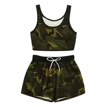 2PCS Summer Fashion Tracksuit For Women Ladies Hot Sale Suit Camouflage Print Tank Top Vest+Drawstring Waist Shorts Sport Set boys tiger print vest with ornate print drawstring shorts