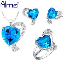 Almei Дубай Свадебные Цепочки и ожерелья Bijoux набор серебряных Цвет бижутерия Для женщин голубое сердце Кристаллические серьги кольцо бижутерия наборы T269