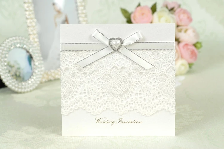 Wedding Invitation Heart Pearl and Lace white color