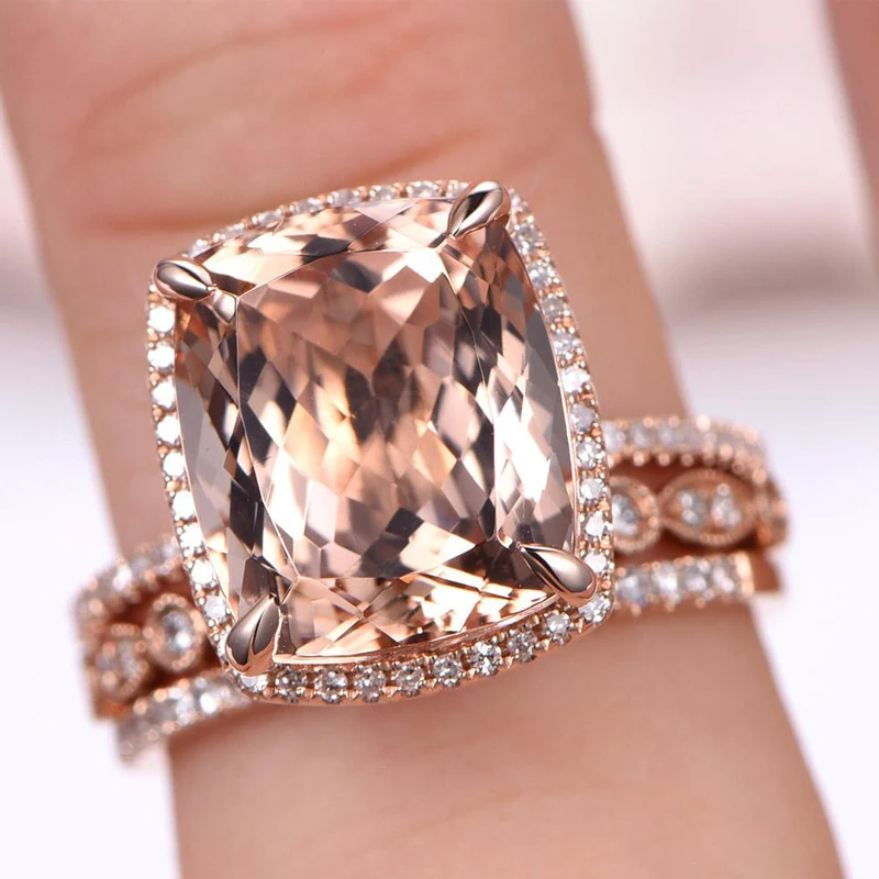 4,2 карат 12*10 мм настоящий натуральный морганит обручальное кольцо набор солират с муассанитом EF цвет 14 к розовое золото для женщин