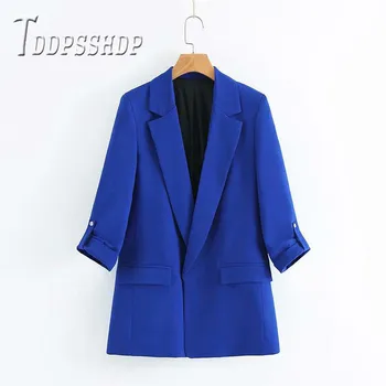 

2019 Blue Color Office Lady Women Coat Pocket Lapel Female Outwear