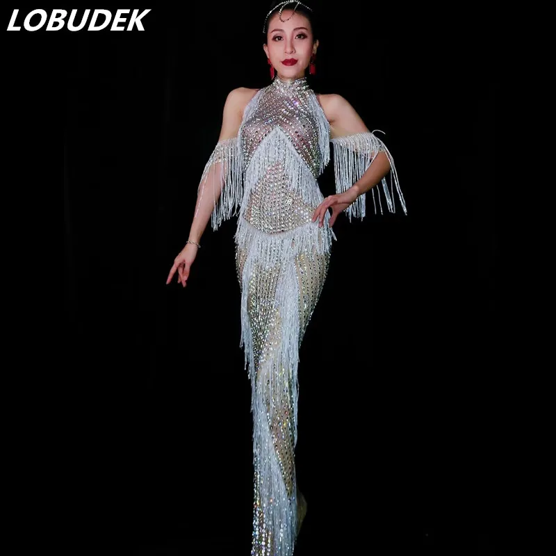 

Women Luxury Stage Costume Sparkly Rhinestones Tassels Off Shoulder Long Dress Stars Singer Host Evening Party Celebration Dress