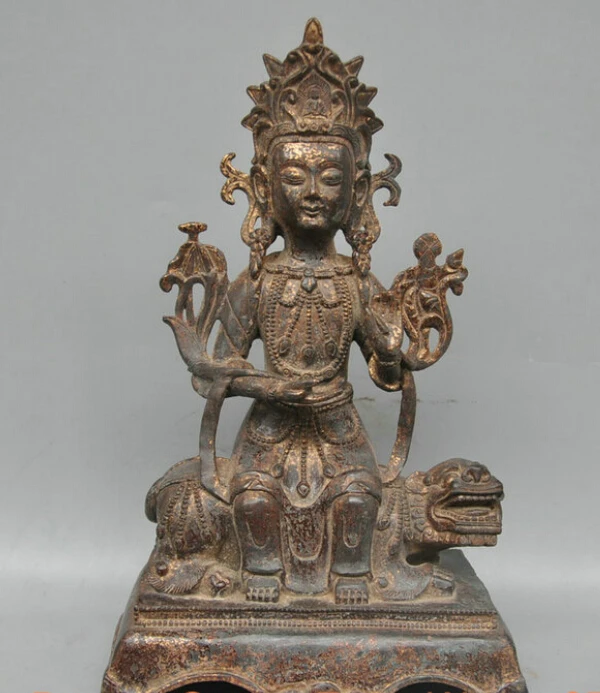 

8" China Tibet Manjushri Buddha Ride Lion Bronze Copper Statue Statue decoration bronze factory outlets