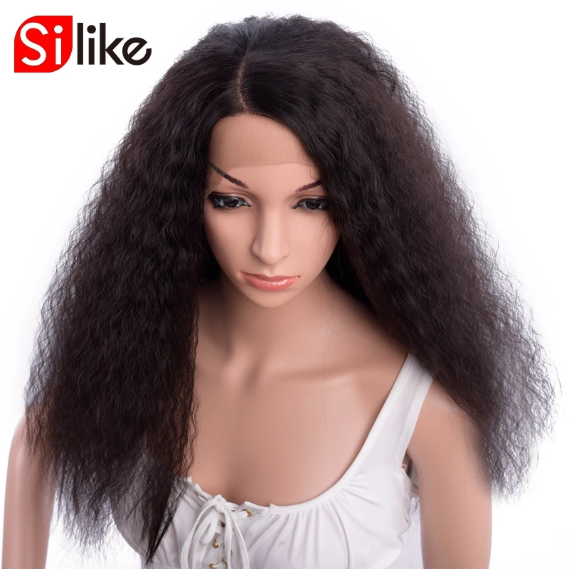 

Silike Synthetic 24 Inch L Part Front Lace Wigs Kinky Curly Type Heat Resistant Hair Wigs Natural Black For Black Women