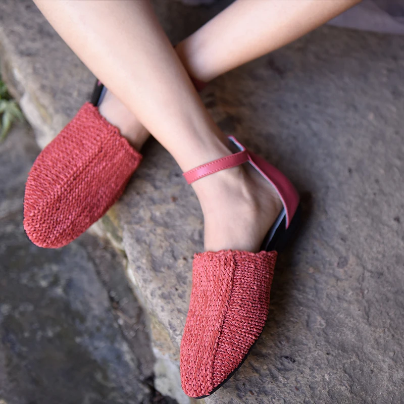 

Artmu Original Retro Handmade Knitted Genuine Leather Sandals New Buckle Flat Handmade Women Shoes 1881-3A