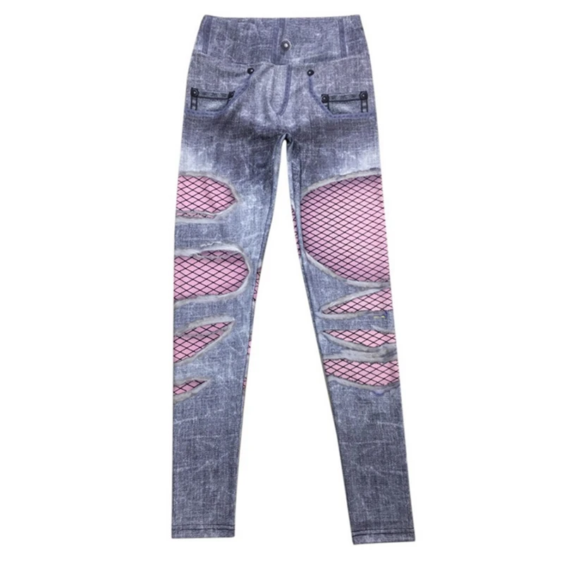 NIBESSER, женские штаны, имитация джинсов, с дырками, с принтом, обтягивающие, джинсовые, с принтом, узкие брюки, леггинсы, облегающие, сексуальные, поддельные джинсы, леггинсы, брюки - Цвет: Pink