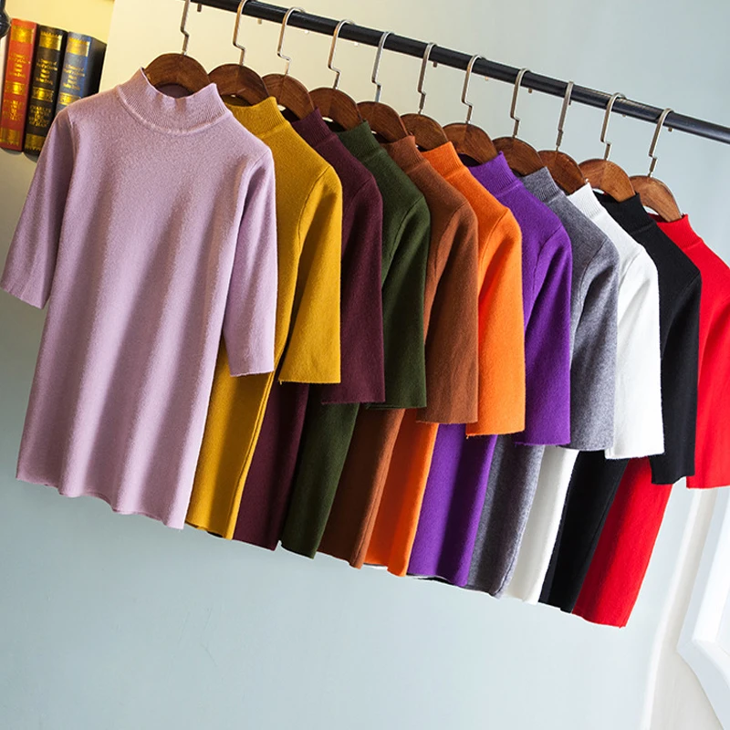 

2017 spring summer new korean women half sleeve turtleneck knitted pullover sweater femme tricot pull jersey jumper slim