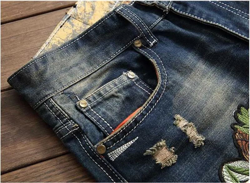 Mcikkny Men's Ripped Patchwork Jeans Slim Fit Straight Tiger Embroidered Denim Jeans Trousers Male Distressed Pants 