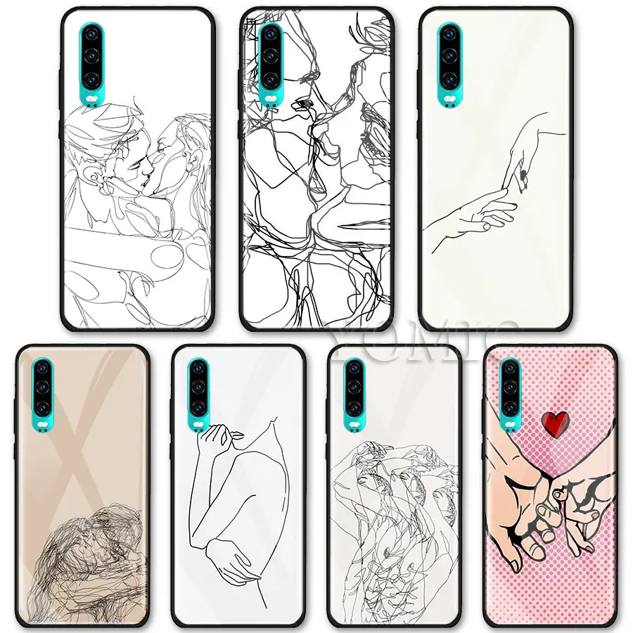 

Tempered Glass Case for Huawei P20 Lite P30 Pro Mate 10 20 Lite Honor 20 Pro 8X Cover Minimalist line couple hand Luxury Case