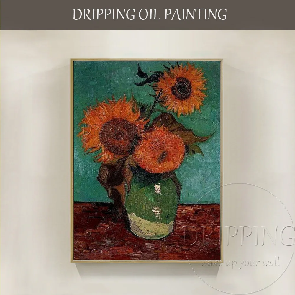 

China Artist Reproduce High Quality Vincent Van Gogh Three Sunflowers in a vase Oil Painting Impression Sunflower Oil Painting