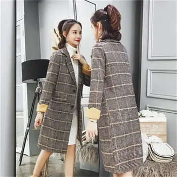 

Europea Spring Winter Women Wool Blends Plaid Coat Femal Thick Turn-Down Striped Printed Long Loose Fashionable Outerwear