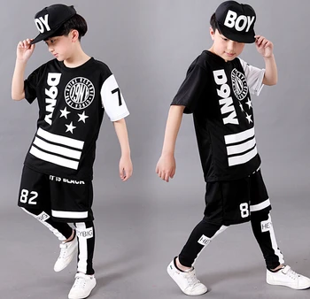

2016 spring summer children's clothing set Costumes black white Star jazz Hip Hop dance Pants & T-shirt kids suits