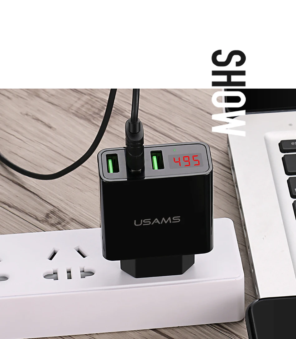 USAMS 3 порта USB зарядное устройство для телефона светодиодный дисплей ЕС/США штекер Макс 2.4A Смарт Быстрая зарядка мобильное зарядное устройство для iPhone iPad