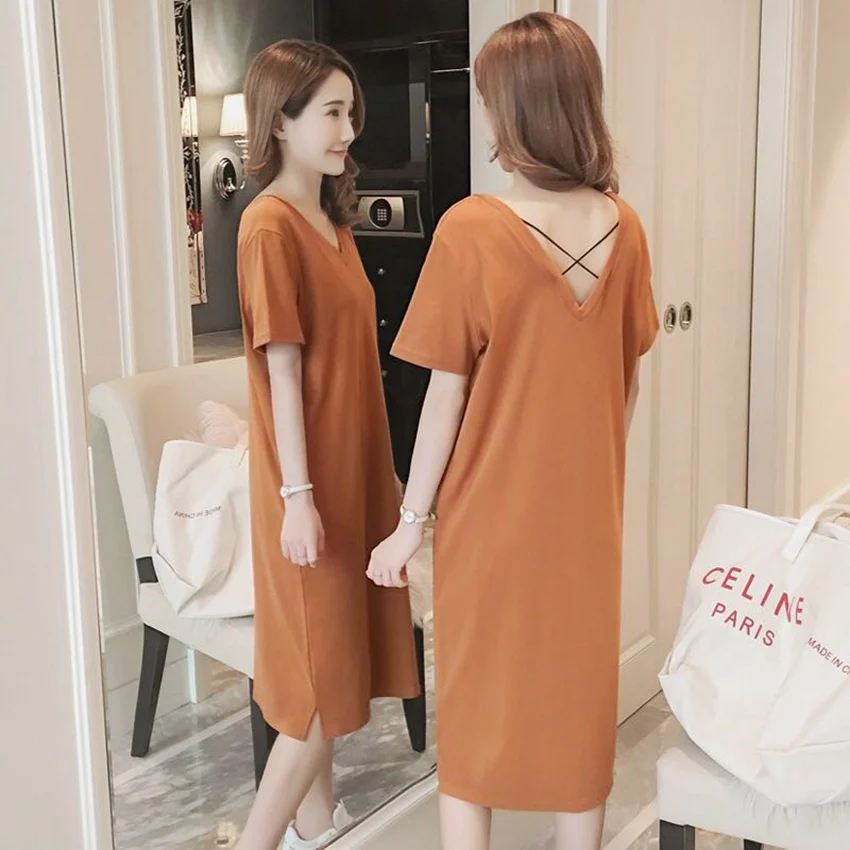 Корейская версия футболки с коротким ремнем и открытой спиной летнее платье для беременных с v-образным вырезом и короткими рукавами для похудения