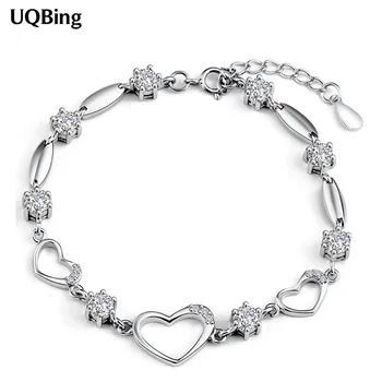 

925 Sterling Silver Heart Crystal Charm Bracelets Wholesale Women Jewelry Accessories Srebrna bransoletka