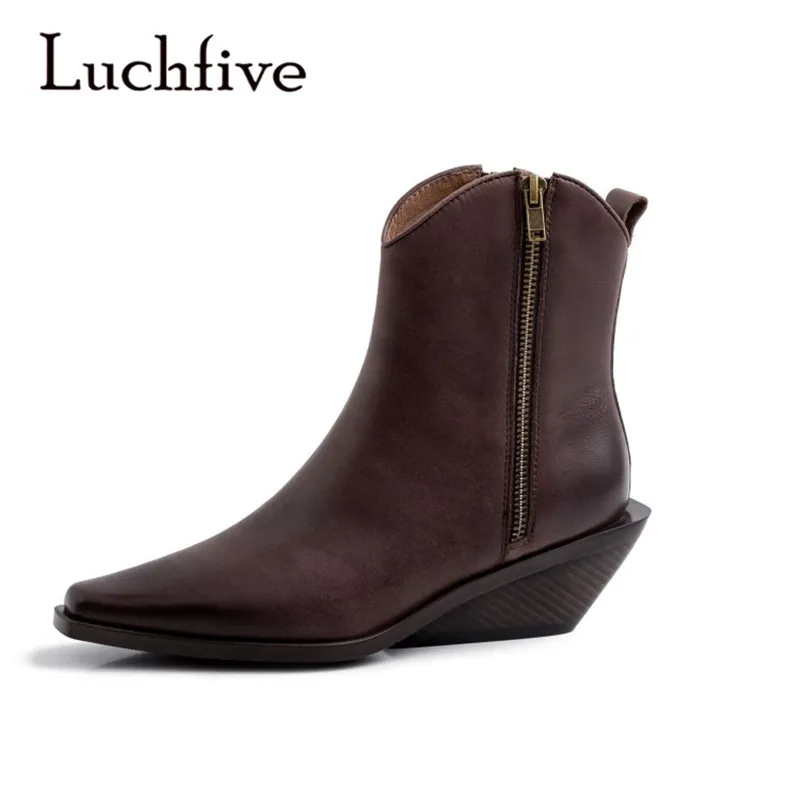 

Vintage Old-made Leather Brown Boots Side Zipper Pointed Toe Ankle Length Wedge Boots Chelsea Boots Women