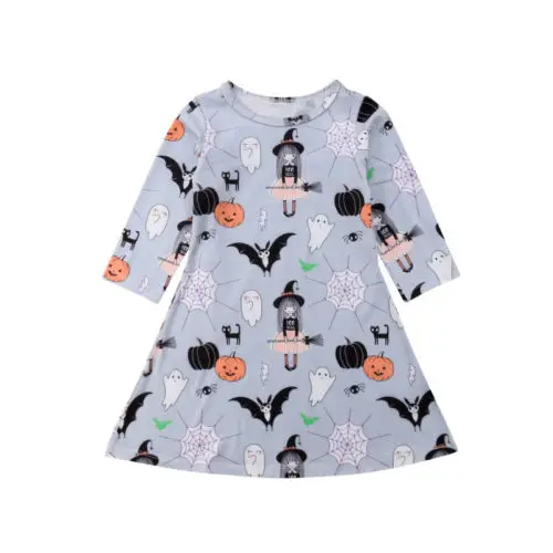 

Halloween Toddler Kids Baby Girls Clothing Dresses Pumukin Ghost Print Sleeve Mini Dress Casual Clothes Girl 1-6T