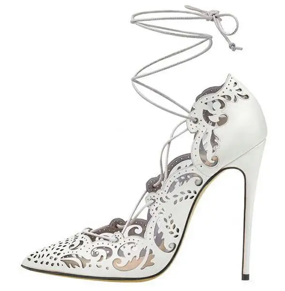 Carollabelly/пикантные женские римские сандалии-гладиаторы; прозрачная обувь; ажурная обувь с перекрестной шнуровкой на щиколотке; высокий тонкий каблук 12 см - Цвет: white