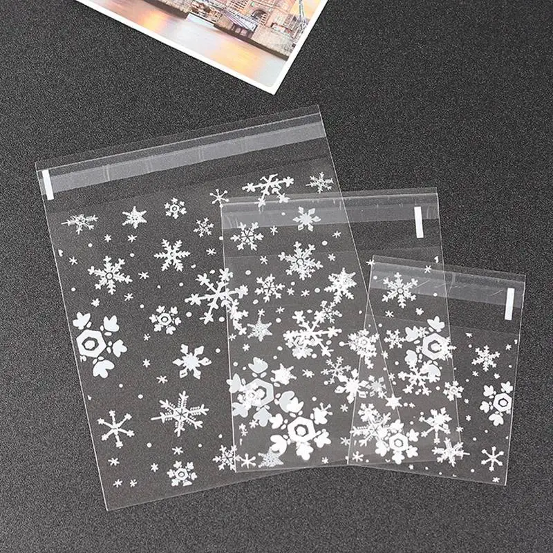 

100PCS Mini Transparent Scrub Flat Pocket Christmas Snowflake Diy Gift Packaging Bags Christmas Candies Plastic Cookie Food Bag
