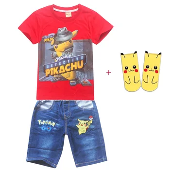 

Hot 2019 Boys Clothing Sets Pokemon Go Short Sleeve T-Shirt+Jeans Set Summer For Boys Cartoon Pikaqiu Baby christmas Suit 4-12Y